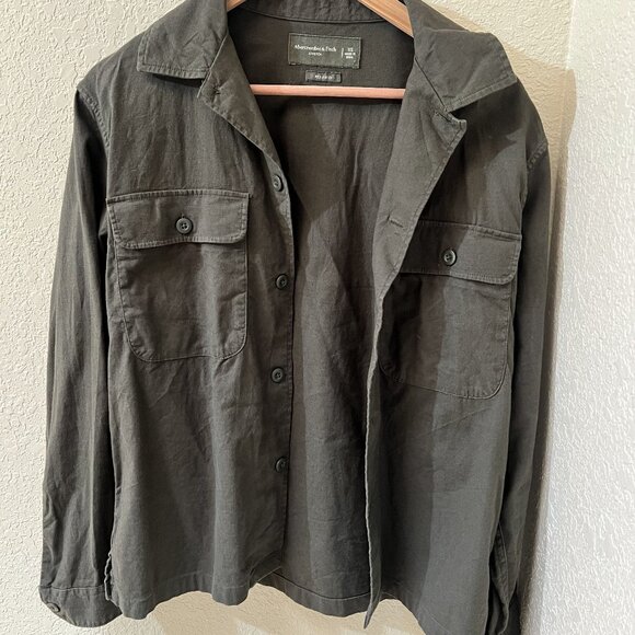 Abercrombie & Fitch Olive Green Relaxed Stretch Linen Overshirt Extra-Small XS - Picture 1 of 4